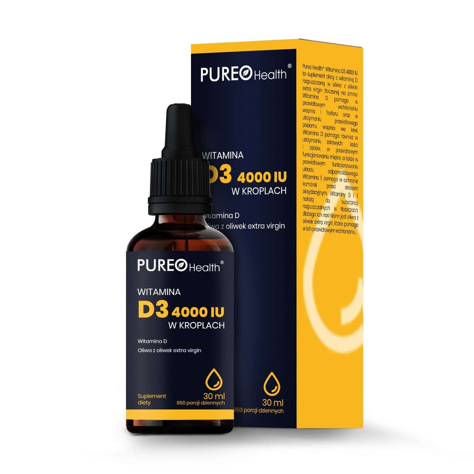 PUREO Health witamina D3 4000IU , krople doustne ze składnikami wspierającymi mocne kości, 30 ml