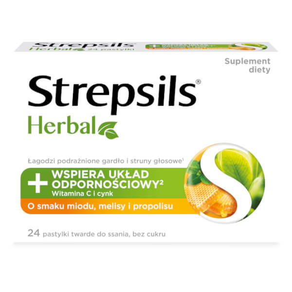 Strepsils Herbal , pastylki z witaminą C i cynkiem o smaku miodu i melisy, 24 szt.