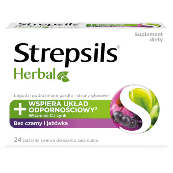 Strepsils Herbal , pastylki z witaminą C i cynkiem o smaku bzu czarnego i jeżówki, 24 szt.