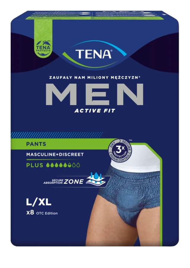TENA MEN Active Fit Pants , majtki chłonne Plus Blue L/XL, 8 szt.