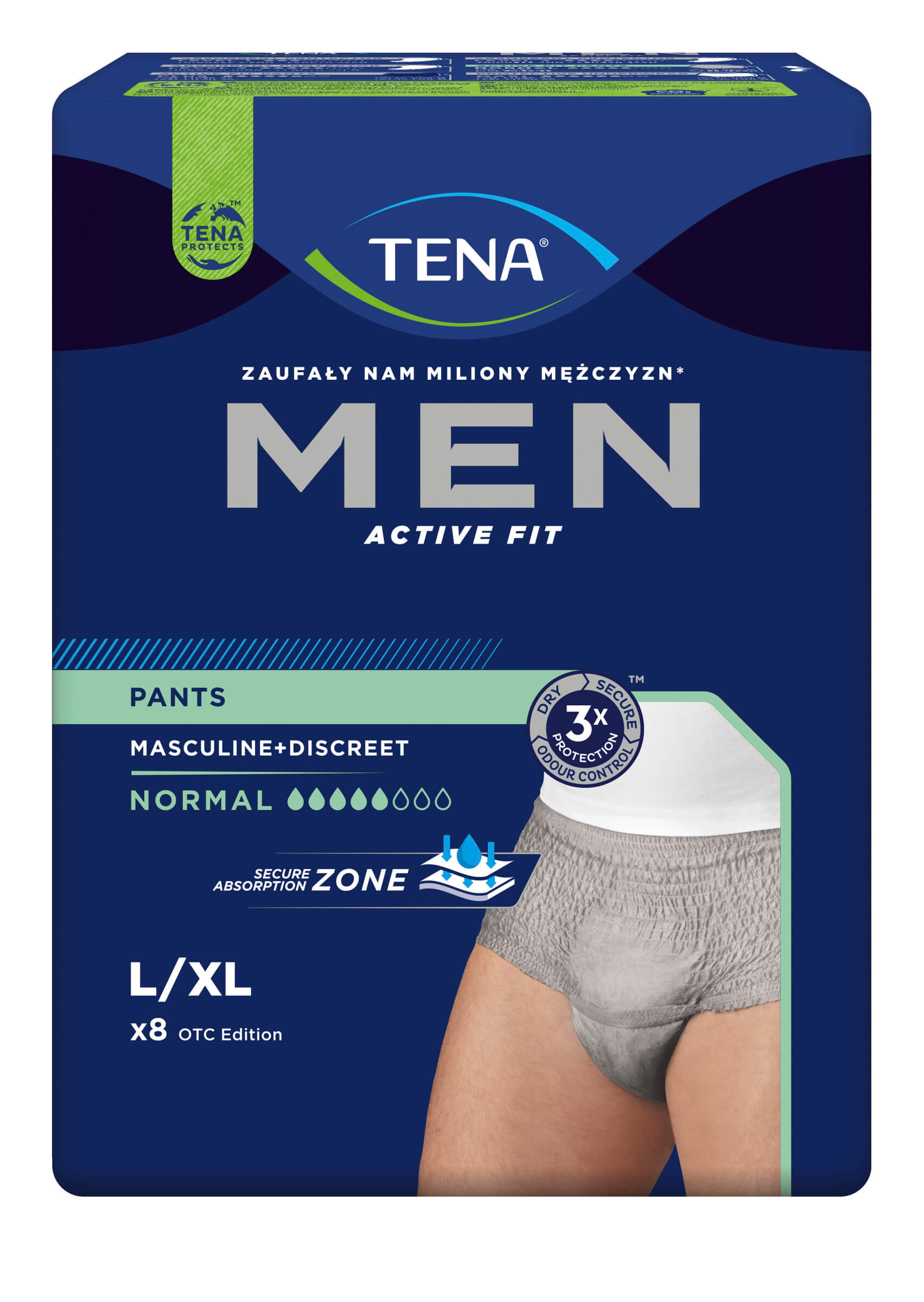 TENA MEN Active Fit Pants, majtki chłonne Normal Grey L/XL, 8 szt.