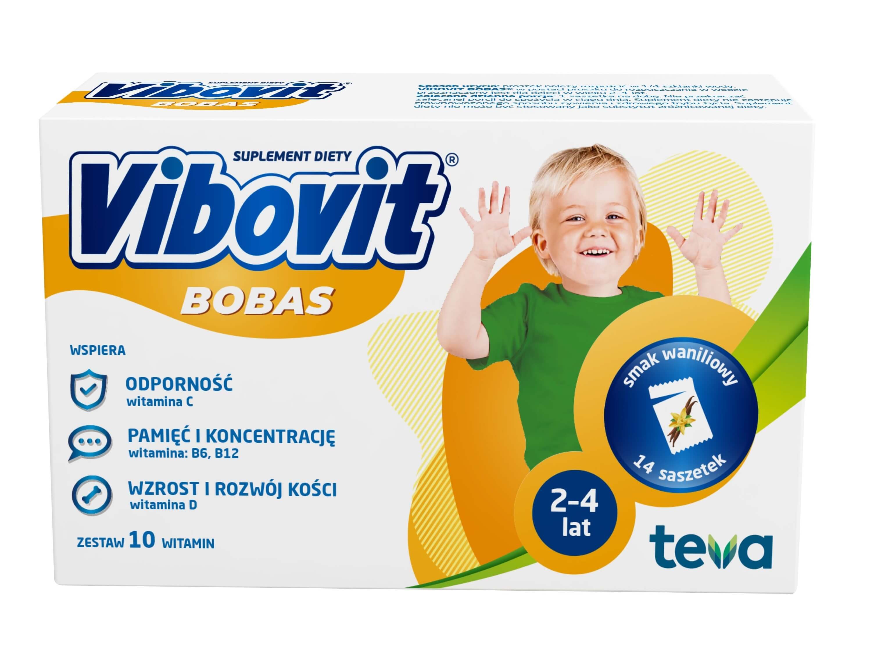 Vibovit Bobas, proszek z witaminą C i D o smaku waniliowym dla dzieci,14 sasz.
