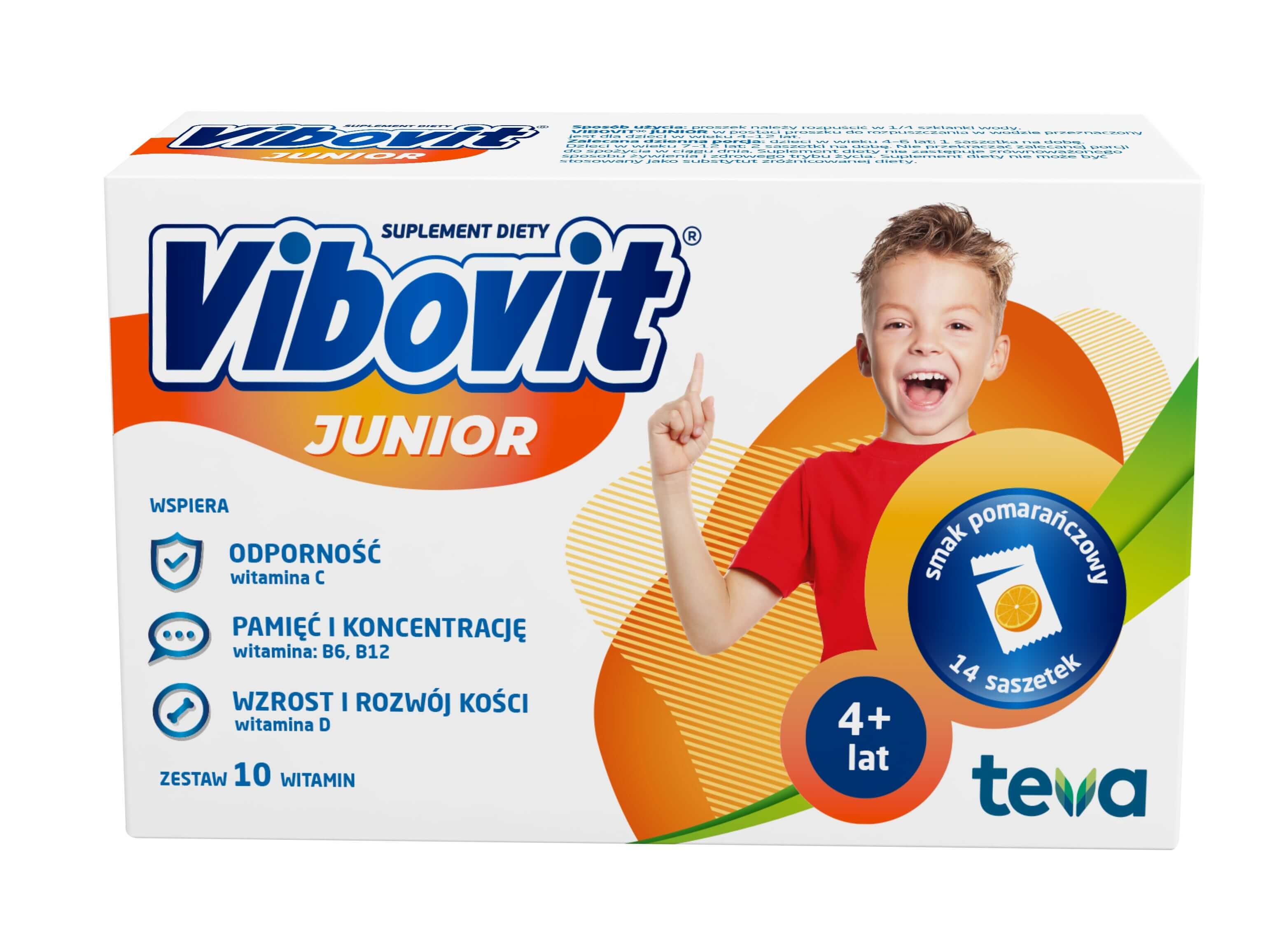 Vibovit Junior, proszek w saszetkach z witaminami dla dzieci w wieku 4-7 lat o smaku pomarańczowym, 14 szt.