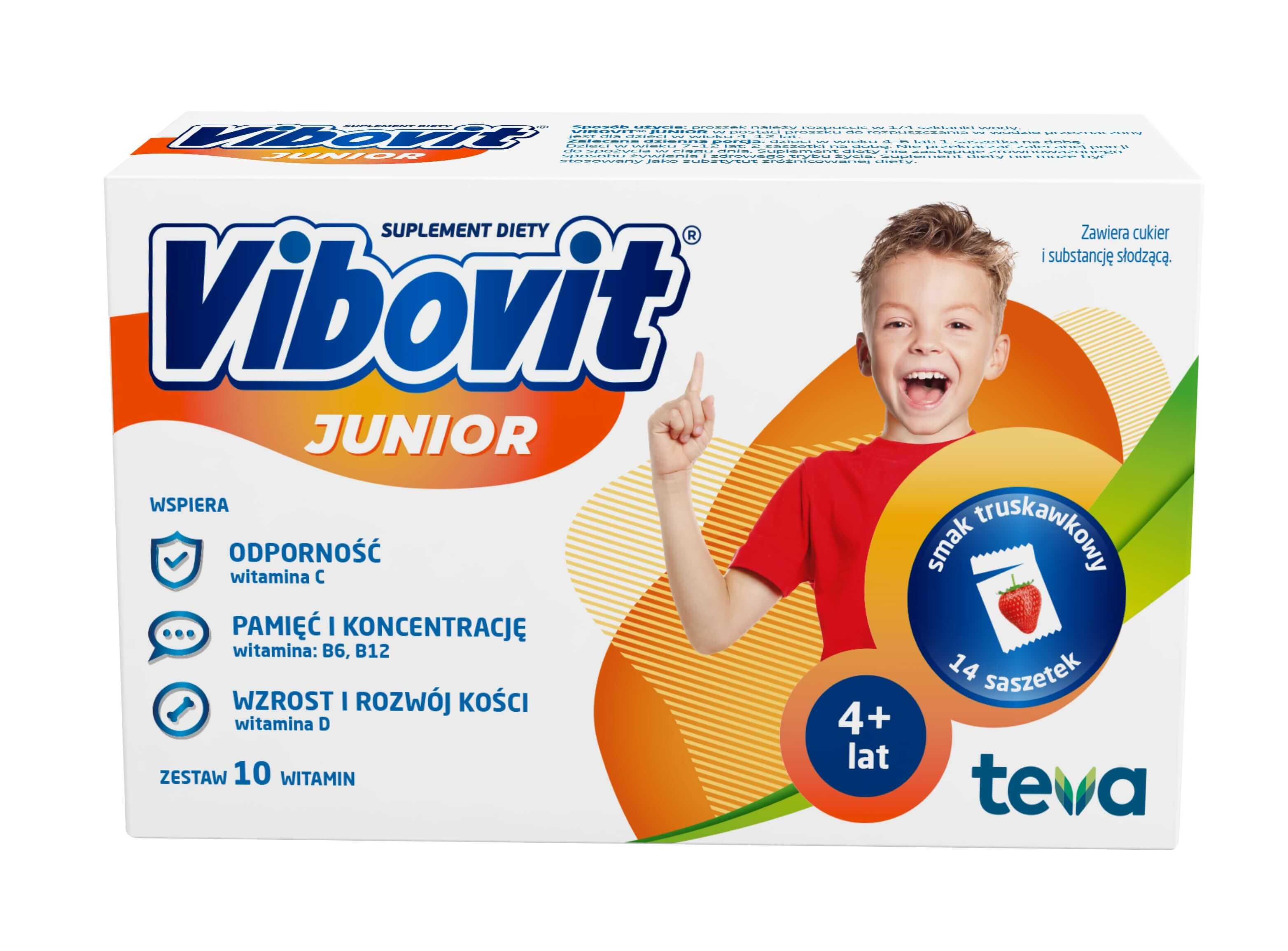 Vibovit Junior, proszek w saszetkach o smaku truskawkowym z witaminami dla dzieci w wieku od 4-12 lat, 14 szt.