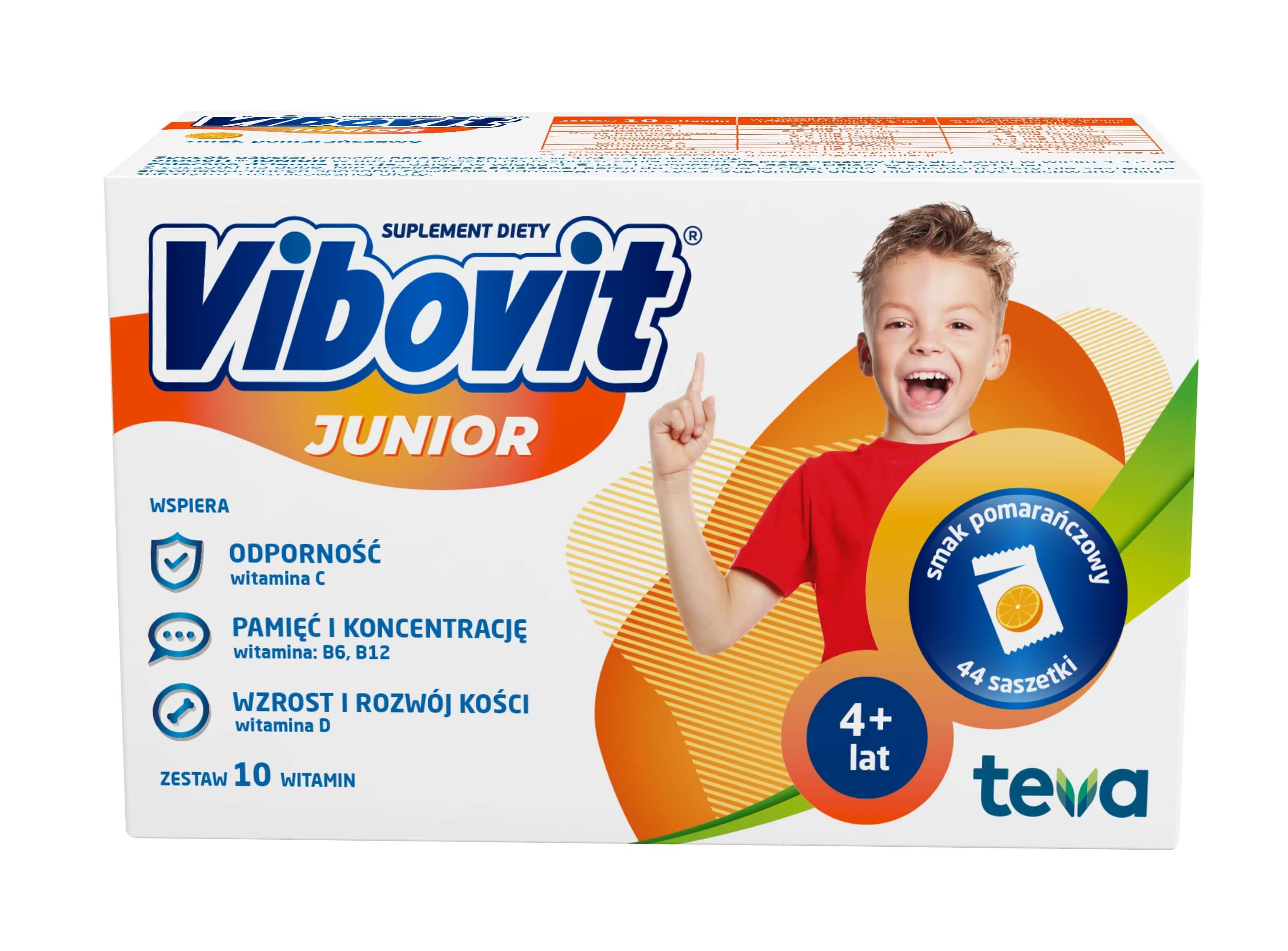 Vibovit Junior , proszek z witaminami o smaku pomarańczowym, 44 sasz.