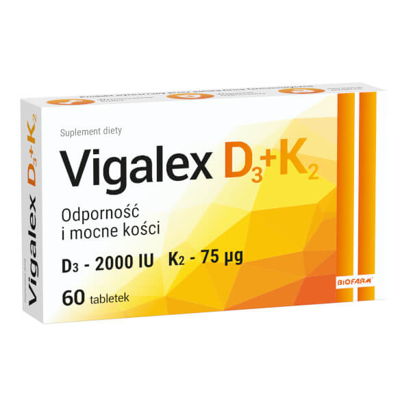 Vigalex D3 + K2, tabletki ze składnikami uzupełniającymi dietę w witaminę D i K, 60 szt.