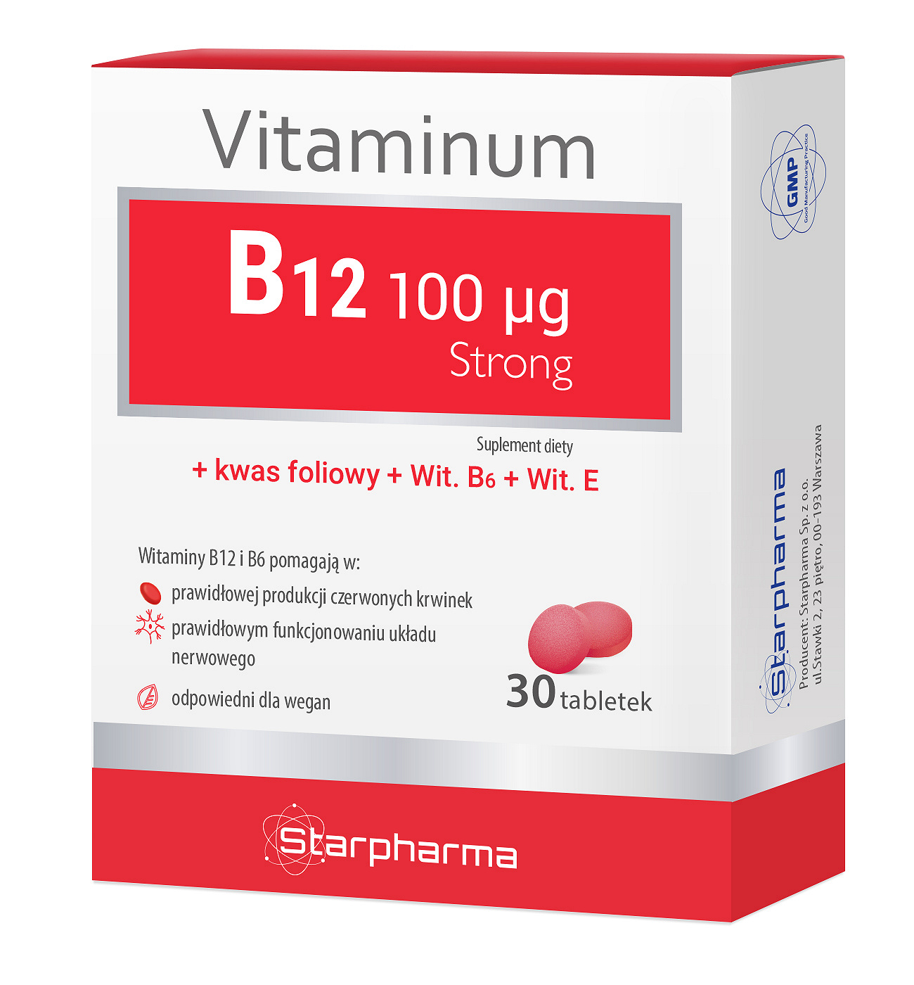 Vitaminum B12 Strong, tabletki zawierające zestaw trzech witamin z grupy B, 30 szt.