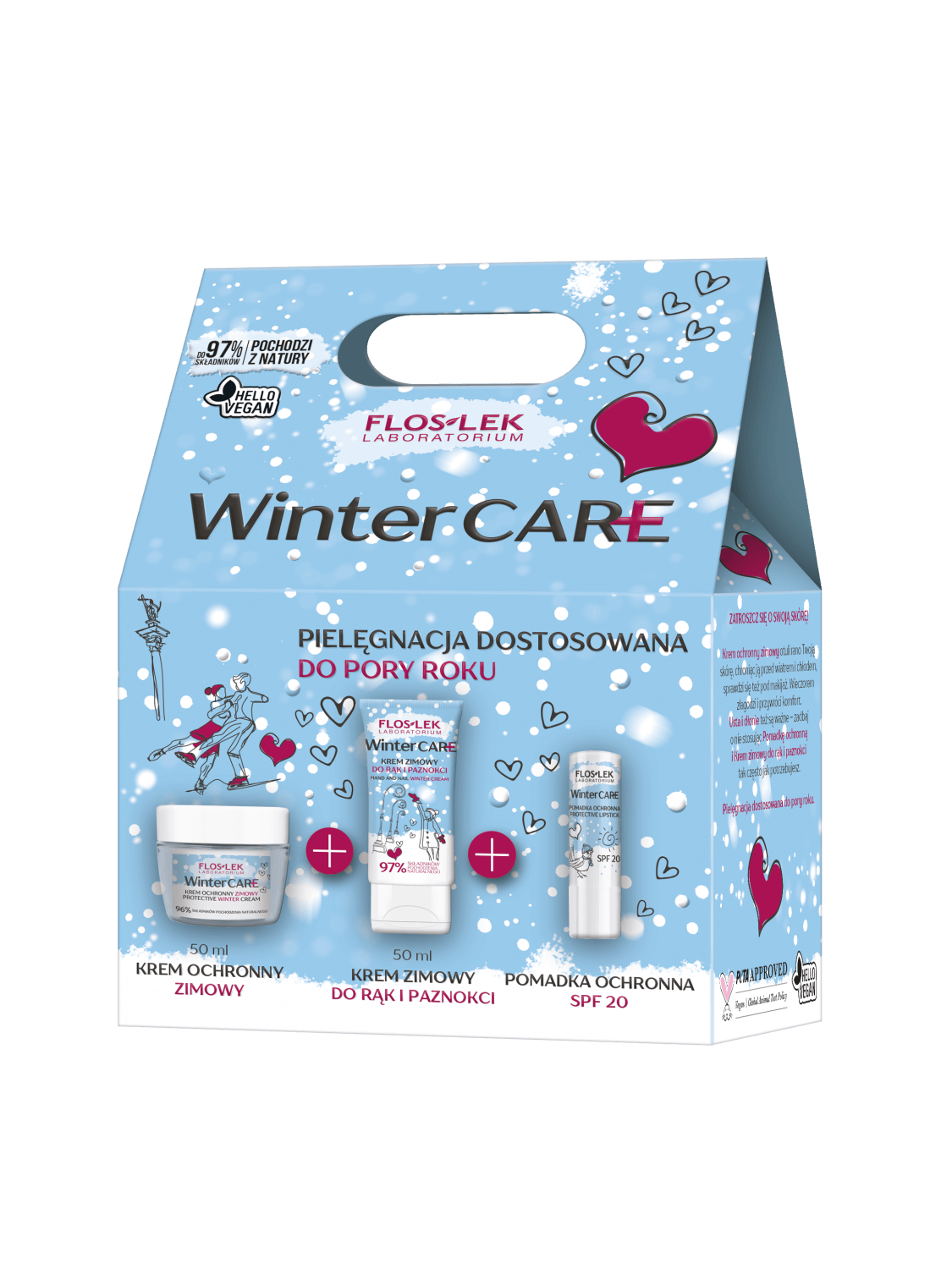 Flos-Lek Winter Care, zestaw: krem ochronny zimowy – 50 ml + krem do rąk i paznokci zimowy – 50 ml + pomadka ochronna SPF 20 – 1 szt.