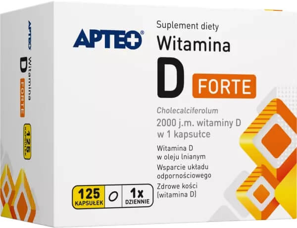 Witamina D FORTE 2000 j.m. APTEO kapsułki ze składnikami wspomagającymi układ odpornościowy i zdrowe kości, 125 szt.