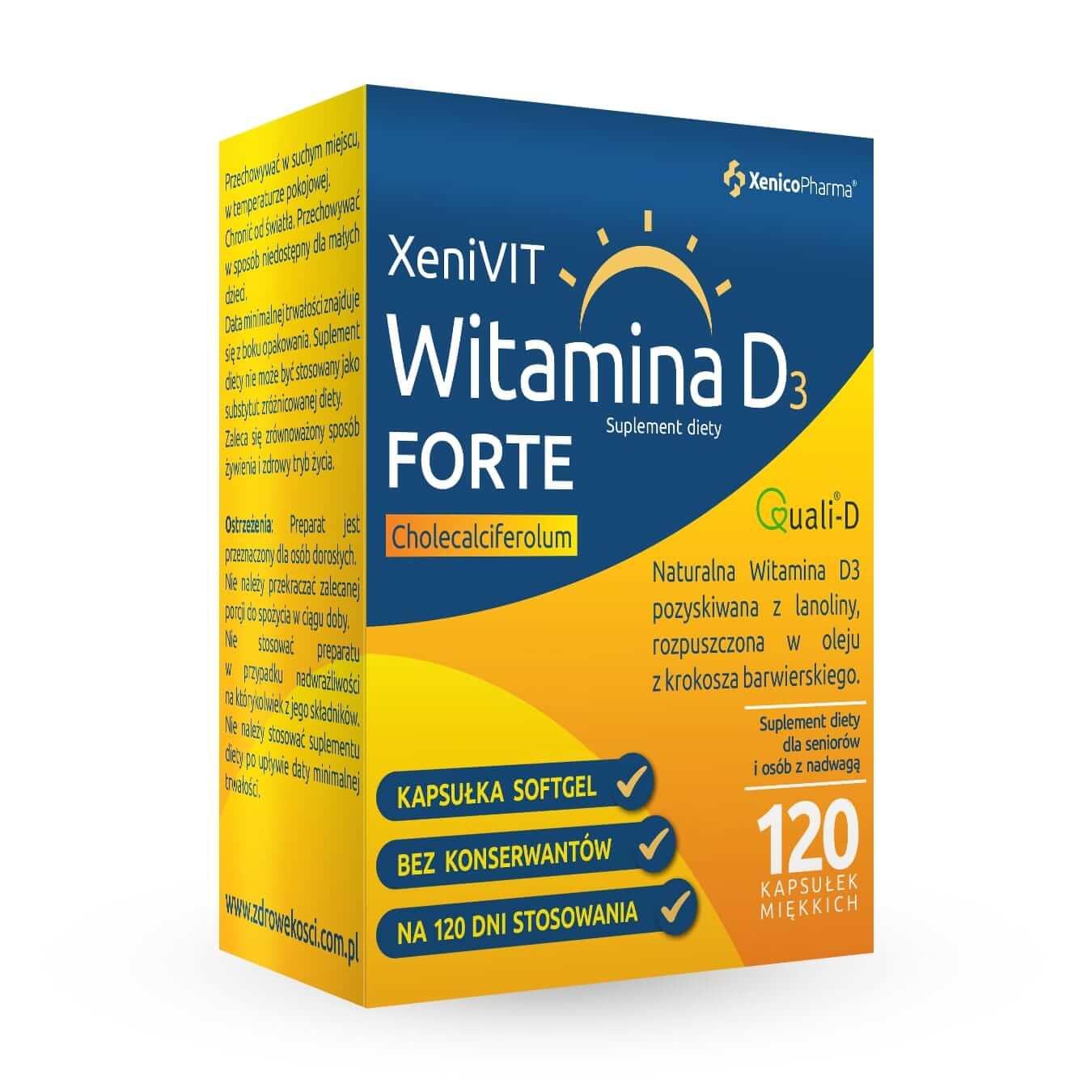 Xenivit Witamina D Forte, kapsułki miękkie ze składnikami wspierającymi mocne kości, 120 szt.