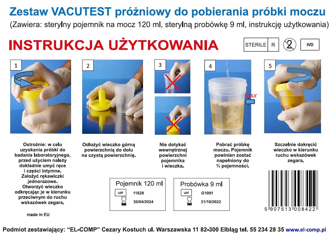 Zestaw VACUTEST próżniowy, do pobierania próbki moczu, 1 szt.