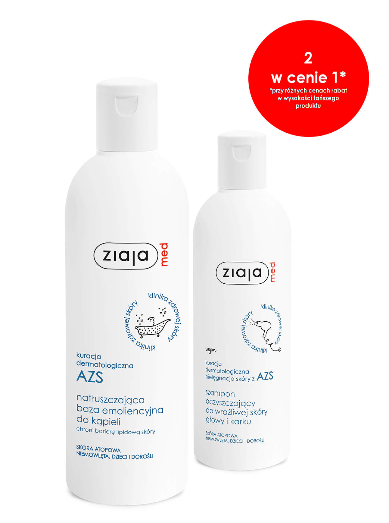 Ziaja Med Kuracja Dermatologiczna AZS, zestaw: baza emoliencyjna do kąpieli 270 ml + szampon oczyszczający 270 ml