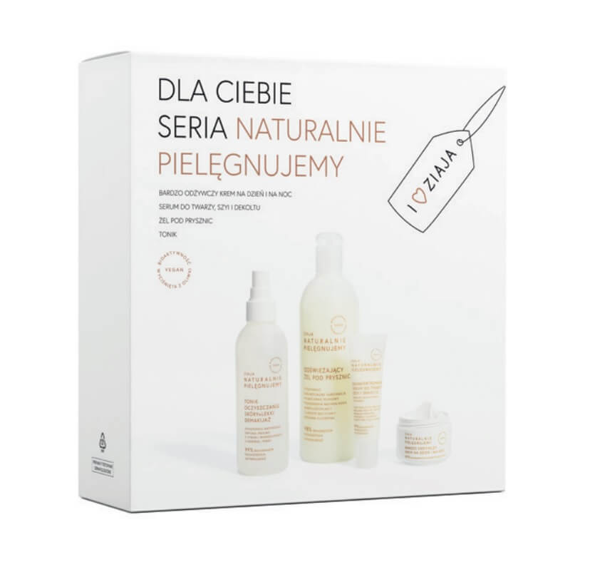Ziaja Naturalnie Pielęgnujemy zestaw: krem odżywczy na dzień i noc- 50 ml, serum do twarzy – 30 ml , tonik - 200 ml, żel pod prysznic – 400 ml