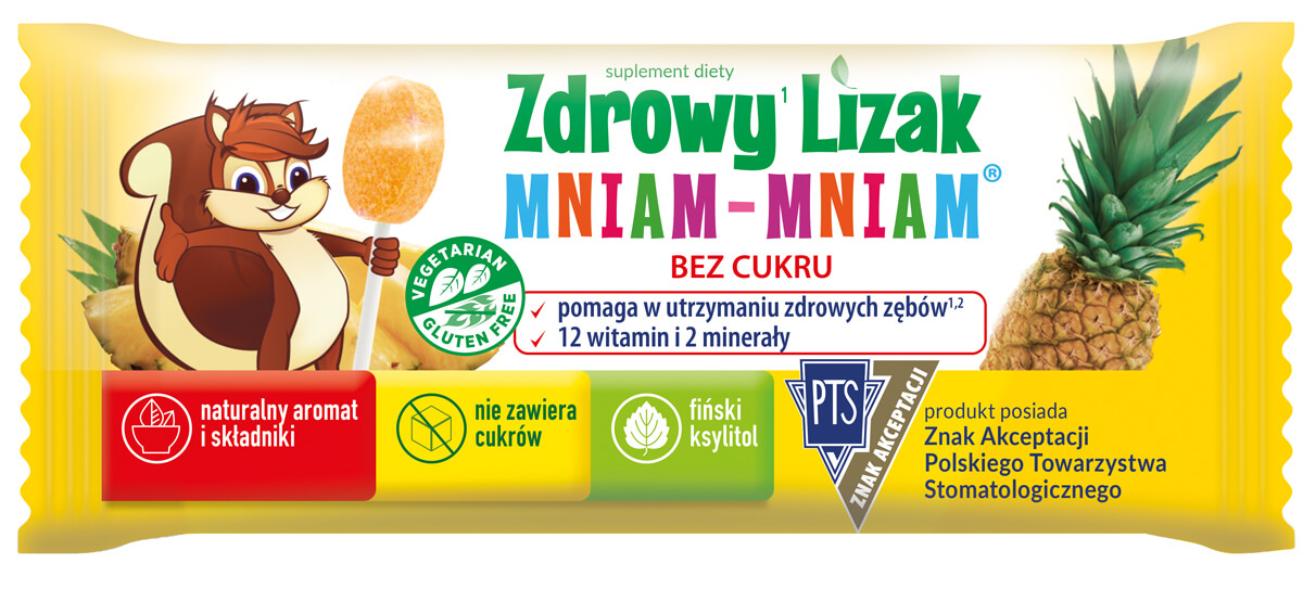Zdrowy Lizak Mniam-Mniam, zawiera 12 witamin i 2 minerały dla dzieci, o smaku ananasowym, 1 szt.