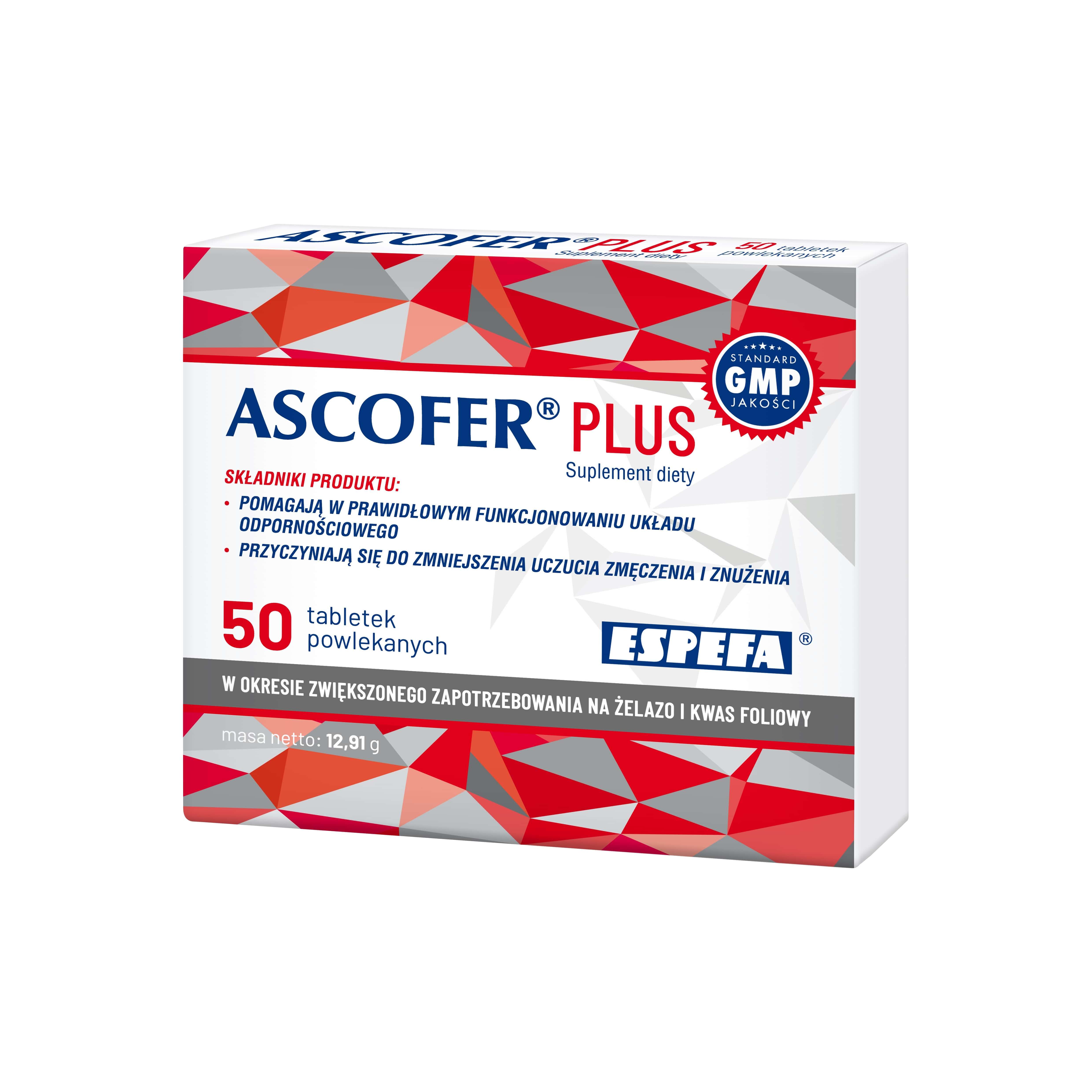 Ascofer Plus, tabletki powlekane uzupełniające dietę w witaminę C i żelazo, 50 szt.