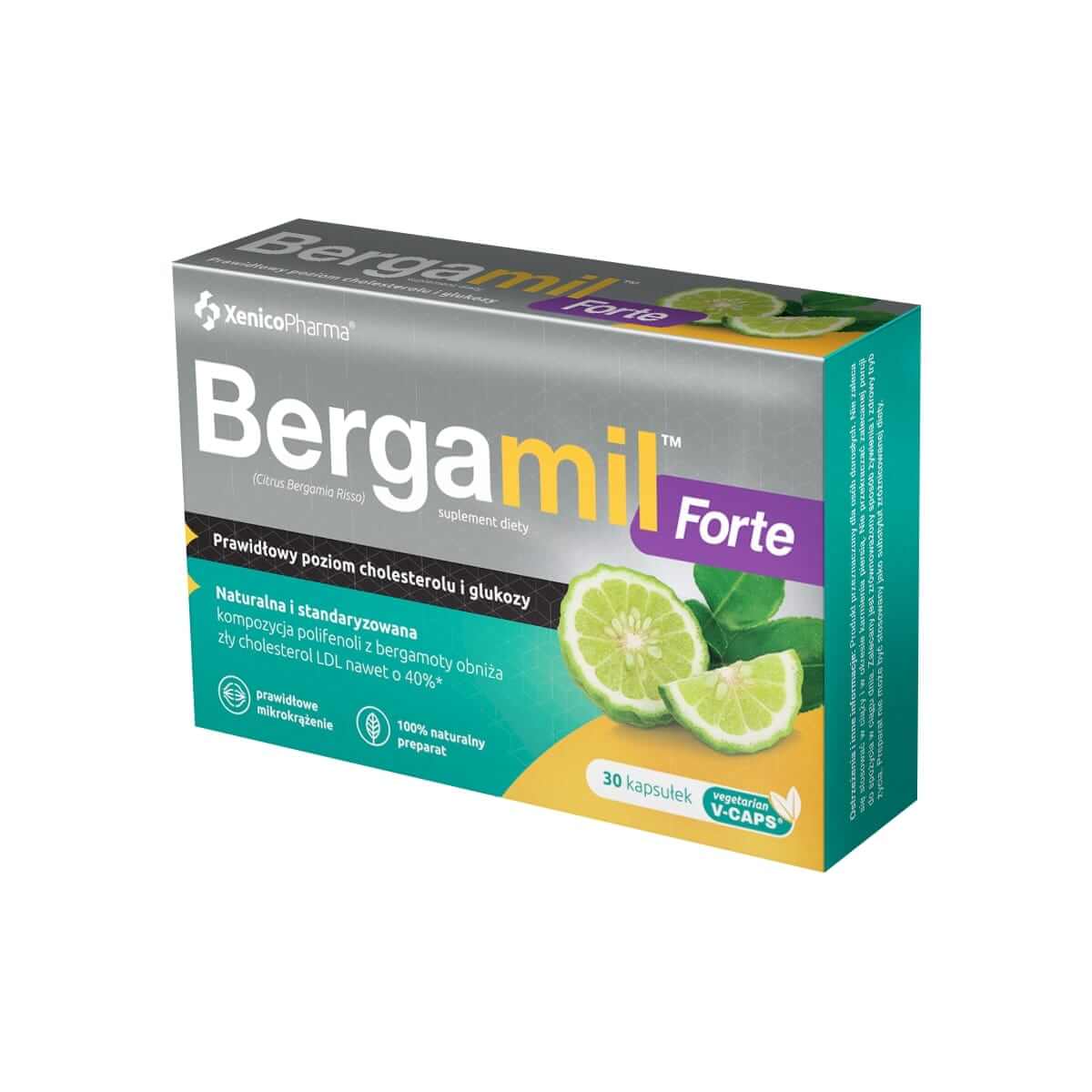 Bergamil Forte , kapsułki z roślinnej celulozy ze składnikami wspierającymi poziom cholesterolu i glukozy, 30 szt.