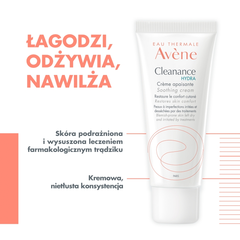 Avene Cleanance Hydra, krem łagodzący do skóry wysuszonej i podrażnionej, 40 ml