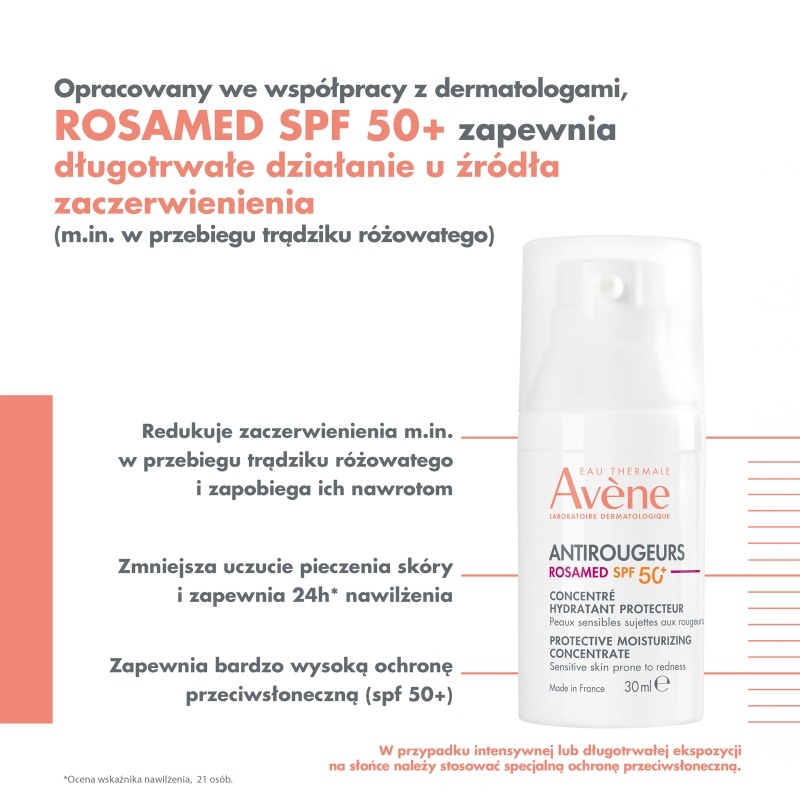 Avene Antirougeurs Rosamed, koncentrat nawilżająco-ochronny SPF 50+, 30 ml