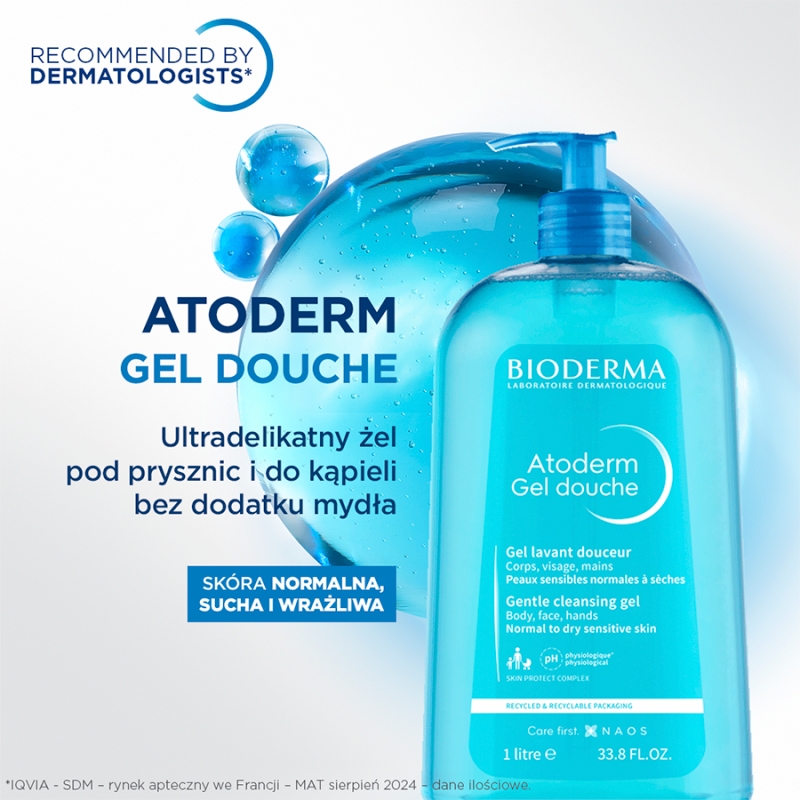 Bioderma Atoderm Gel douche, Zmiękczający żel oczyszczający, 1 l