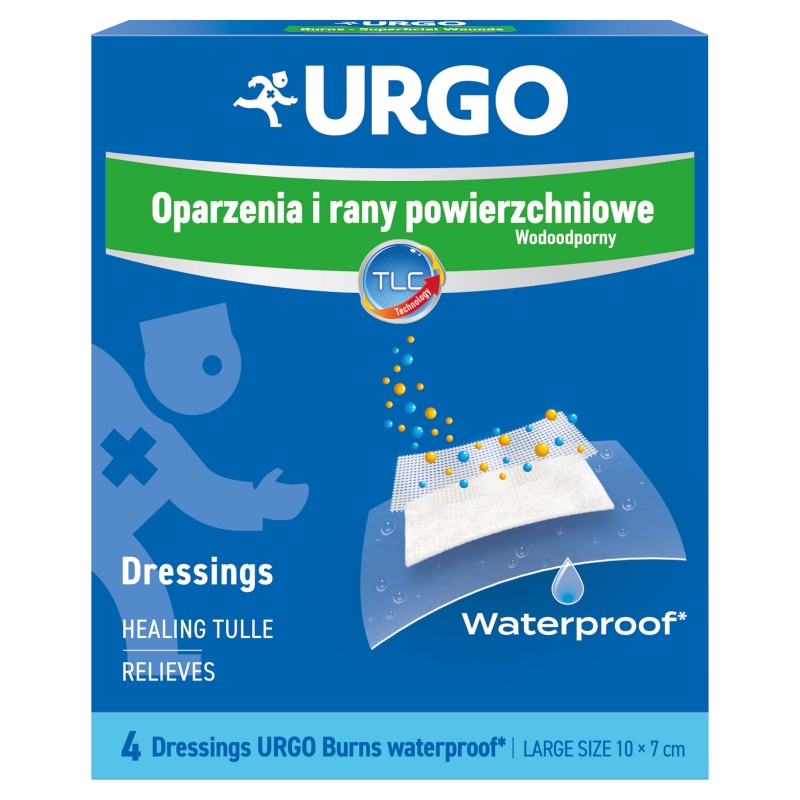 URGO , opatrunek na oparzenia i rany powierzchniowe, wodoodporny, 10 x 7 cm, 4 szt.