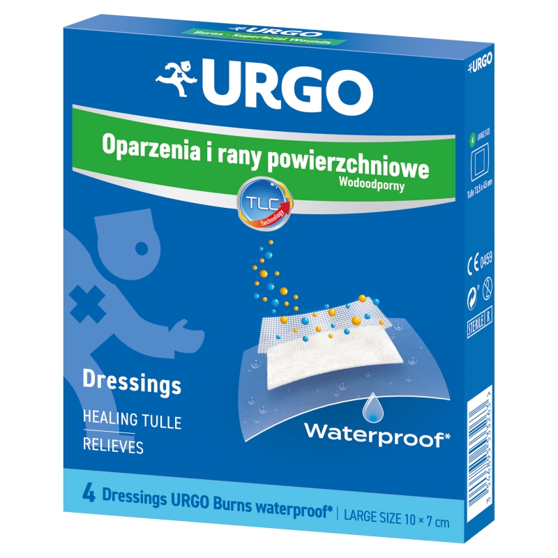 URGO , opatrunek na oparzenia i rany powierzchniowe, wodoodporny, 10 x 7 cm, 4 szt.