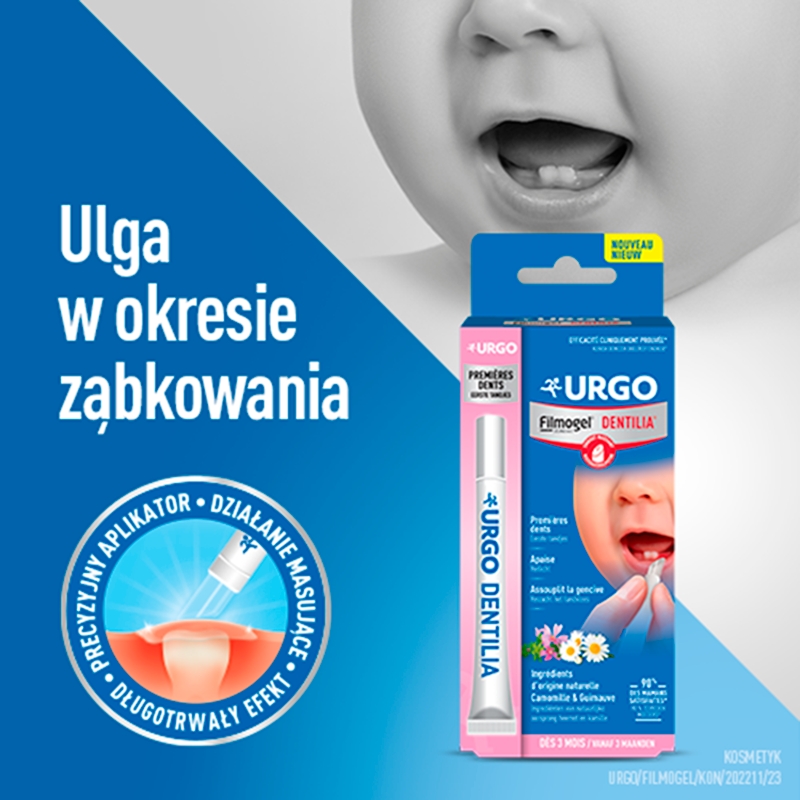 URGO Filmogel Dentilia, żel kojący i zmiękczający dziąsła niemowląt w okresie ząbkowania, 10 ml