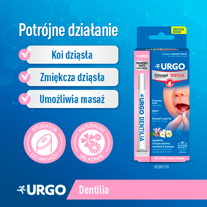 URGO Filmogel Dentilia, żel kojący i zmiękczający dziąsła niemowląt w okresie ząbkowania, 10 ml