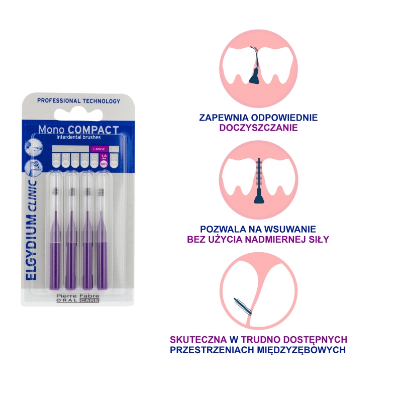 Elgydium Clinic Mono Compact 5, szczoteczki międzyzębowe, purpurowe, 4 szt.