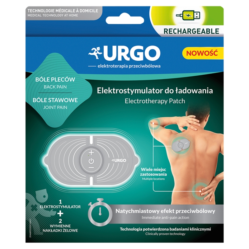 URGO Elektrostymulator do ładowania  na bóle pleców i stawów, 1 elektrostymulator + 2 wymienne nakładki żelowe