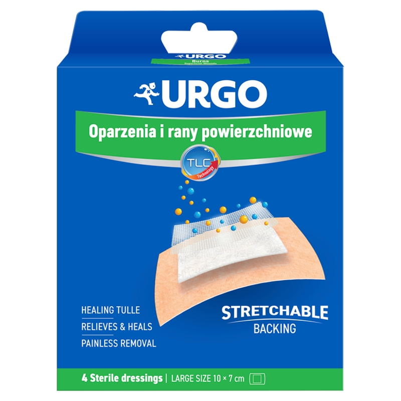 URGO, opatrunek na oparzenia i rany powierzchowne, 10 x 7 cm, 4 szt.