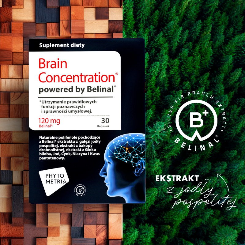 Brain Concentration, kapsułki ze składnikami wspomagającymi funkcje poznawcze i sprawność umysłową, 30 szt.