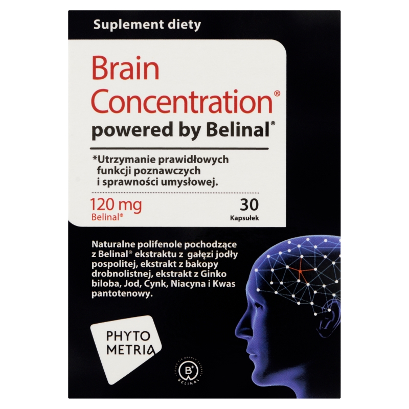 Brain Concentration, kapsułki ze składnikami wspomagającymi funkcje poznawcze i sprawność umysłową, 30 szt.