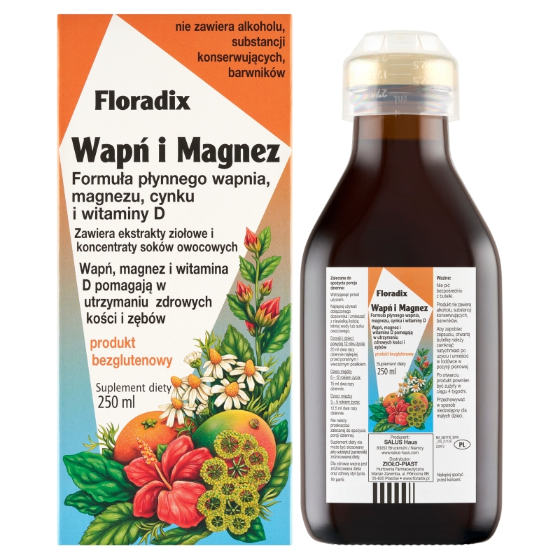 Floradix Wapń i Magnez , płyn z formułą płynnego wapnia magnezu cynku i witaminy D, bezglutenowy, 250 ml