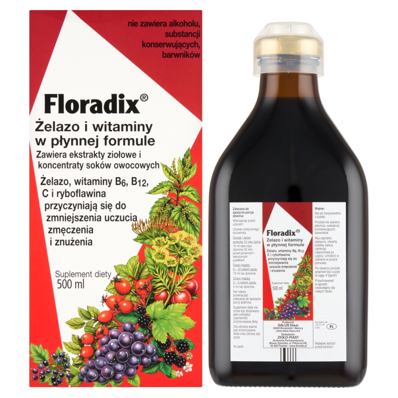 Floradix Żelazo i witaminy , płyn z żelazem, 500 ml