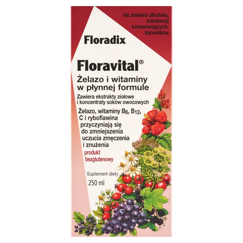 Floradix Floravital płyn z żelazem i witaminami z grupy B, bezglutenowy, 250 ml 
