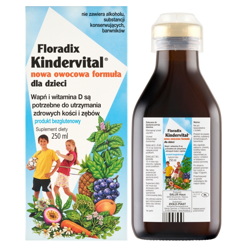 Floradix Kindervital , płyn z wapniem i witaminą D, bezglutenowy, 250 ml