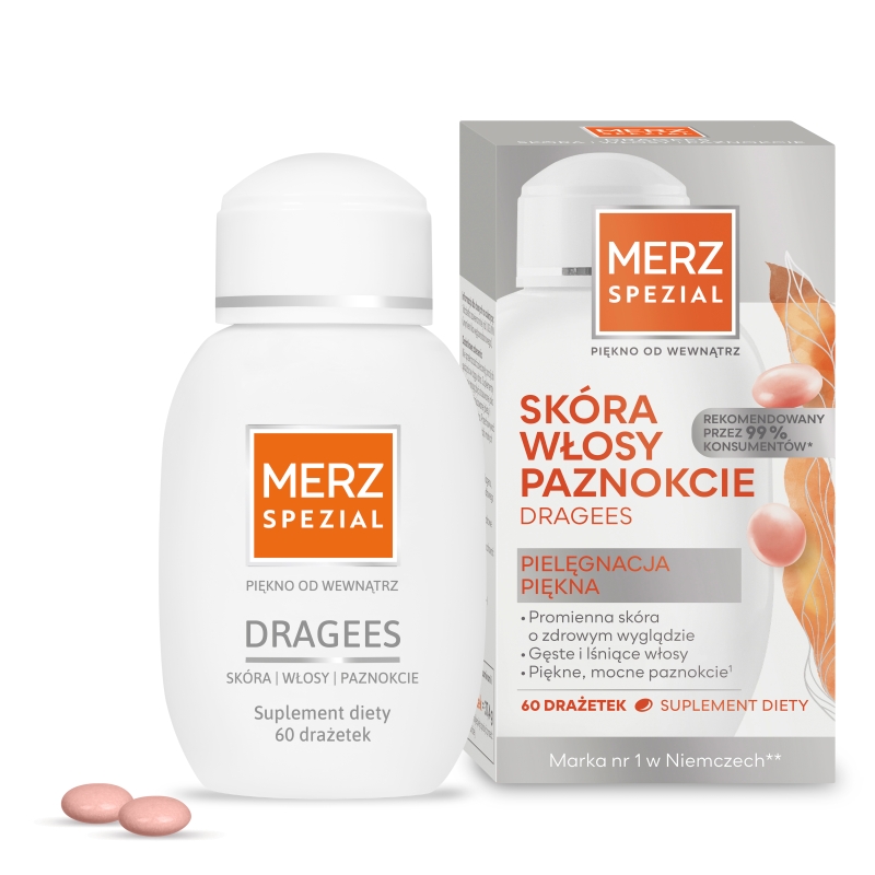 Merz Spezial Dragees, drażetki zawierające witaminy i minerały przynoszące korzyści dla włosów, skóry i paznokci, 60 szt.
