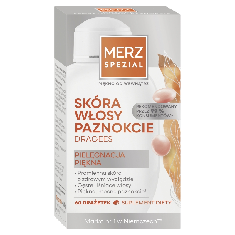 Merz Spezial Dragees, drażetki zawierające witaminy i minerały przynoszące korzyści dla włosów, skóry i paznokci, 60 szt.