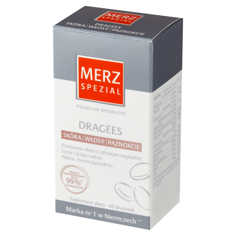 Merz Spezial Dragees, drażetki zawierające witaminy i minerały przynoszące korzyści dla włosów, skóry i paznokci, 60 szt.