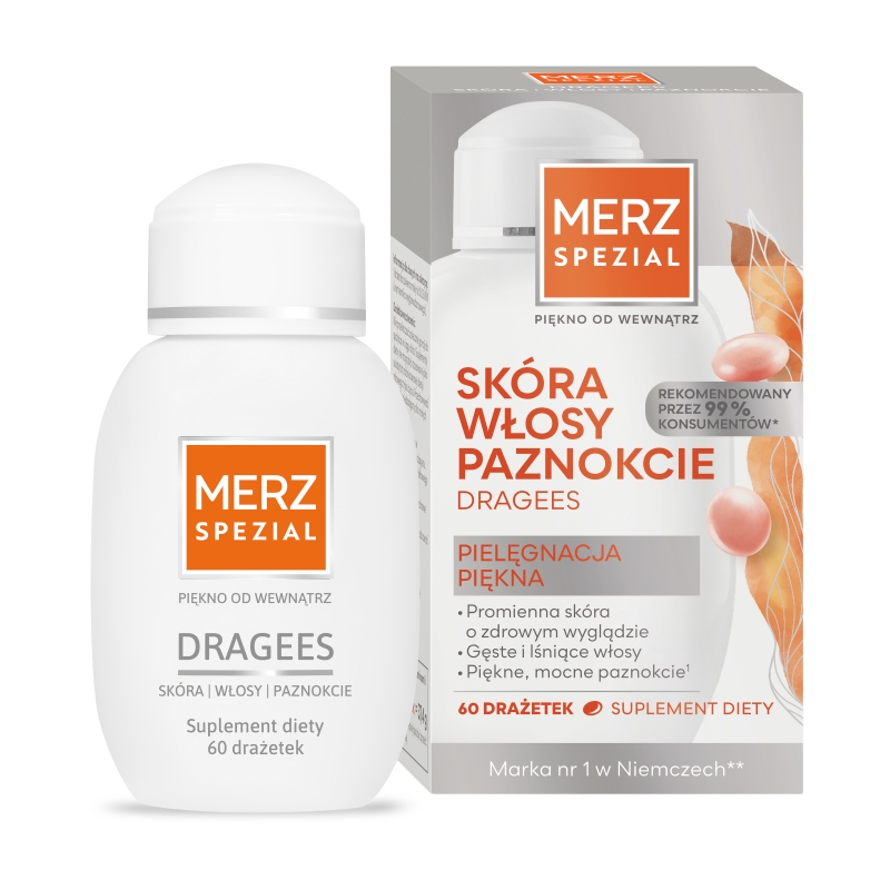 Merz Spezial Dragees, drażetki zawierające witaminy i minerały przynoszące korzyści dla włosów, skóry i paznokci, 60 szt.
