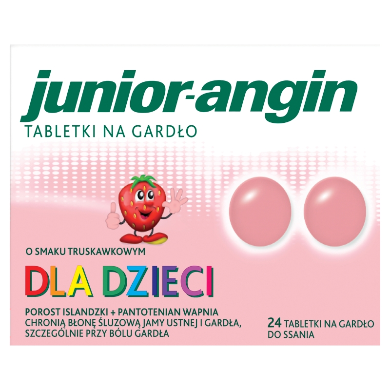 Junior-Angin, tabletki do ssania na ból gardła smak truskawkowy, 24 szt.