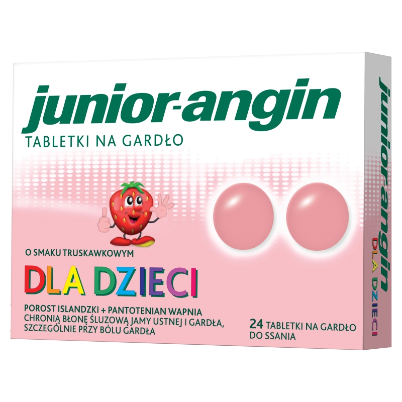 Junior-Angin, tabletki do ssania na ból gardła smak truskawkowy, 24 szt.