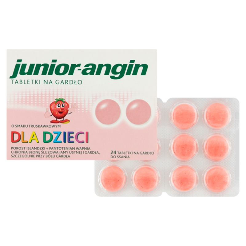 Junior-Angin, tabletki do ssania na ból gardła smak truskawkowy, 24 szt.