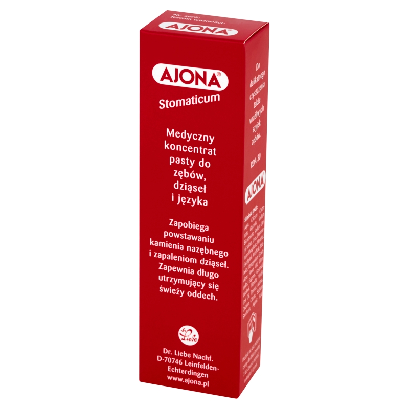Ajona Stomaticum , koncentrat pasty do zębów zapobiegający powstawaniu kamienia nazębnego i zapaleniu dziąseł, 6 ml