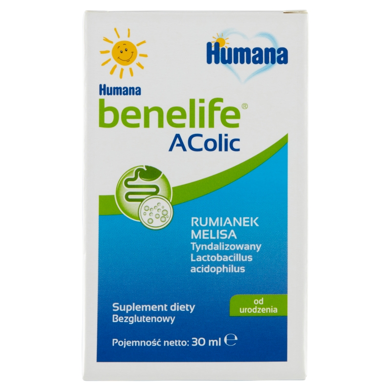 Humana benelife AColic , płyn z rumiankiem i melisą wspomagającymi w kolkach u dzieci, 30 ml