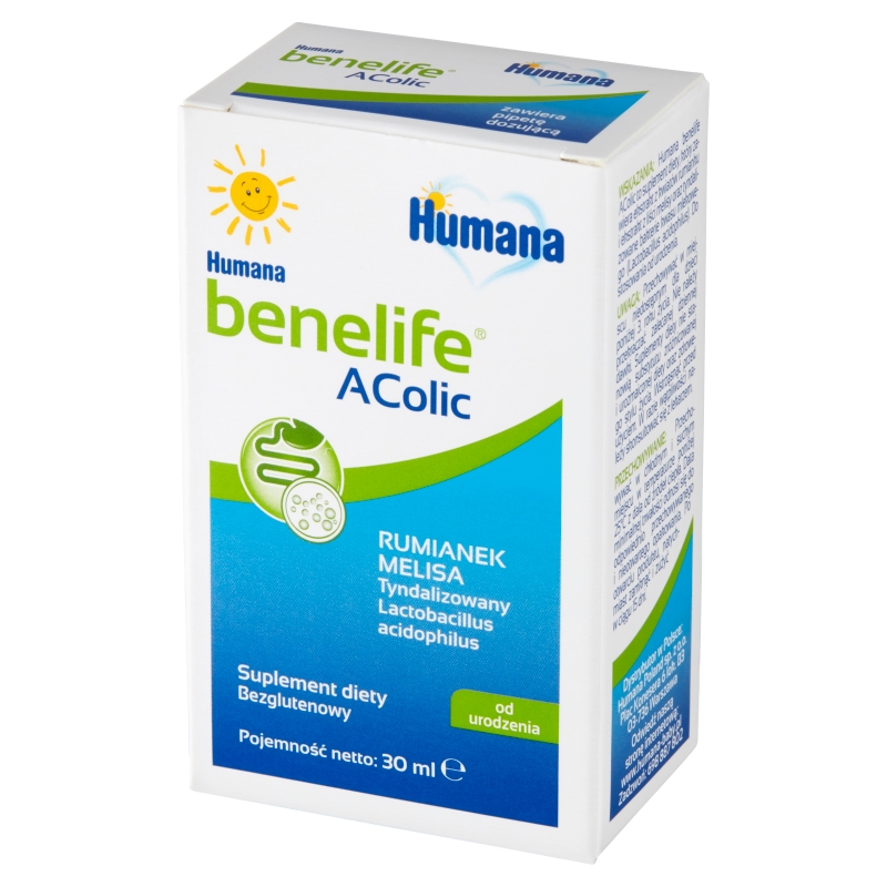 Humana benelife AColic , płyn z rumiankiem i melisą wspomagającymi w kolkach u dzieci, 30 ml