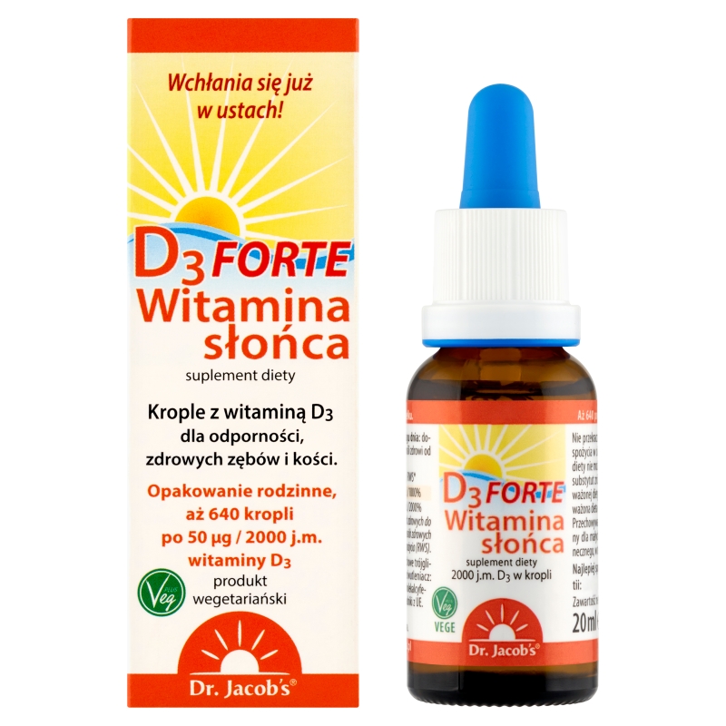Dr. Jacobs Witamina D3 Forte, krople ze składnikami wspierającymi odporność, zdrowe zęby i kości, 20 ml