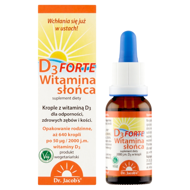 Dr. Jacobs Witamina D3 Forte, krople ze składnikami wspierającymi odporność, zdrowe zęby i kości, 20 ml