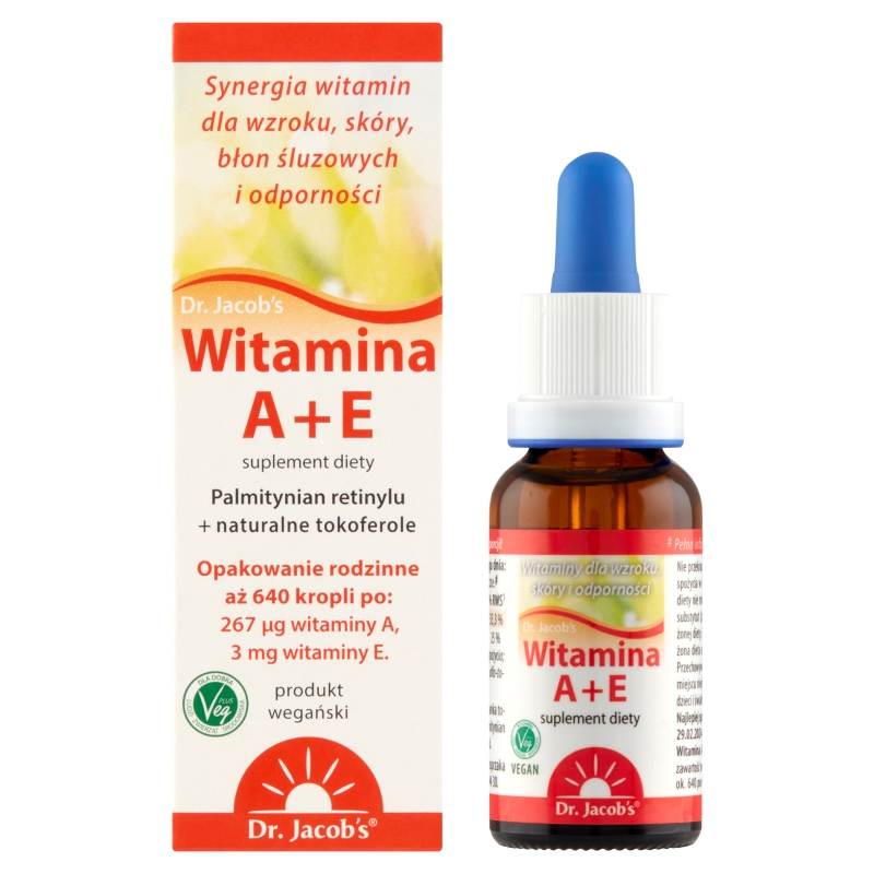 Dr. Jacob’s Witamina A+E, krople z witaminami wspierającymi odporność oraz wzrok, 20 ml