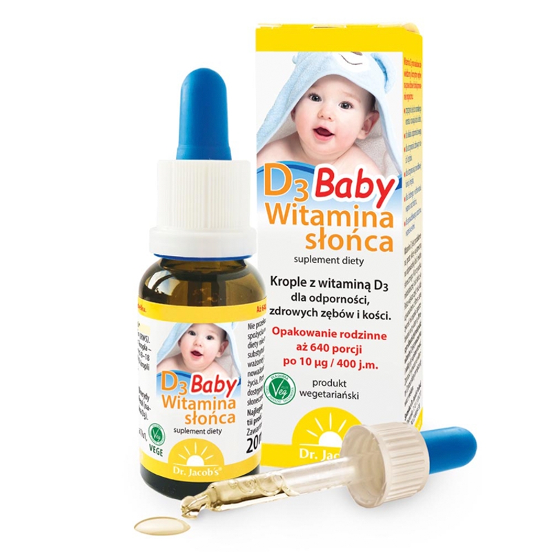 Dr.Jacobs Witamina słońca D3 Baby, krople ze składnikami wspierającymi odporność, zdrowe zęby i kości, 20 ml